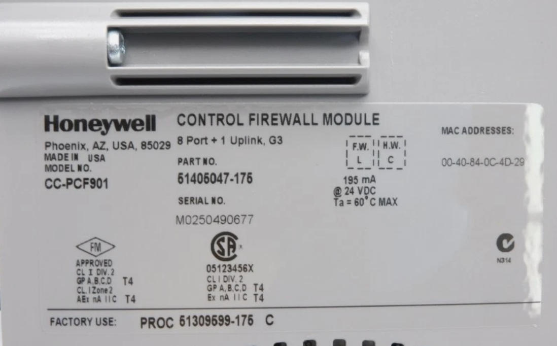 Μονάδα Firewall Ελέγχου Honeywell CC-PCF901 με παροχή ηλεκτρικής ενέργειας συνεχούς τάσης 24V για την προστασία της ασφάλειας δικτύου και τη διανομή δικτύου FTE